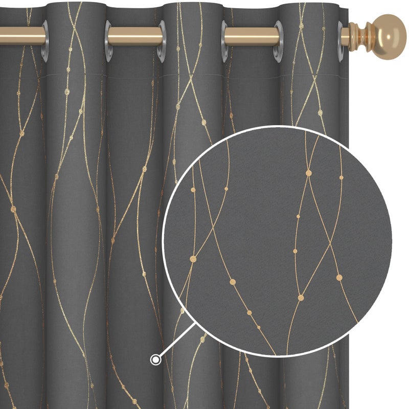 Deconovo Blackout Curtains 2 Panels for Bedroom and Living Room, Gold Foil Wave Lines and Dots, Thermal Insulated Room Darkening Grommet Window Drapes for Nursery and Kids Room, Grey, 52W x 84L Inch - Image 1